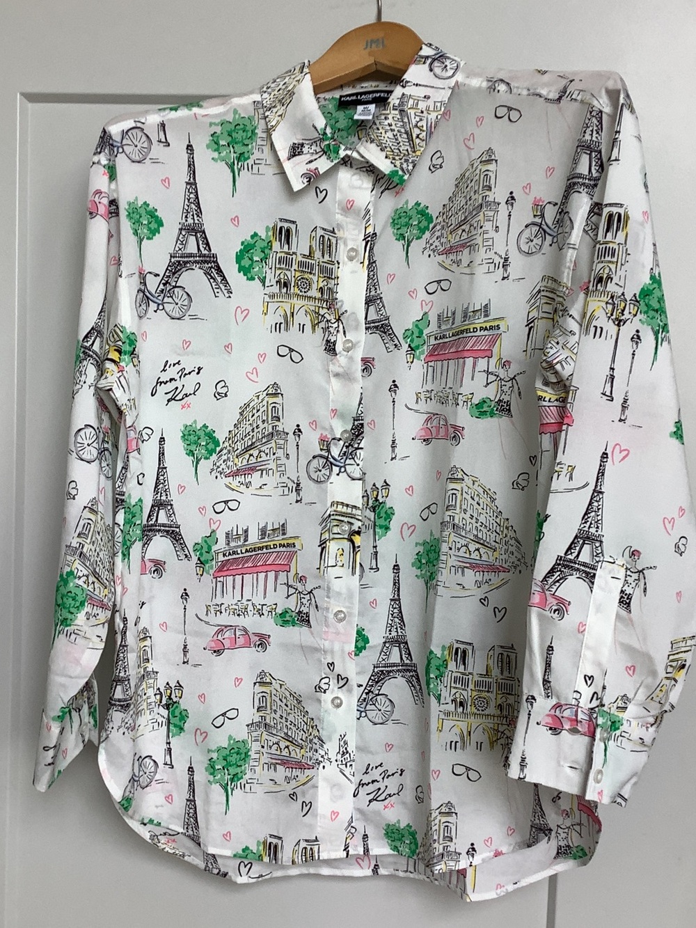 Karl Lagerfeld White Button-Up Shirt with Paris Print